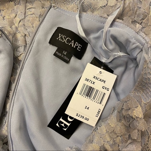 XSCAPE Metallic Lace Sheer Long Sleeve Bodycon Dress in Grey/Gold - Picture 10 of 10